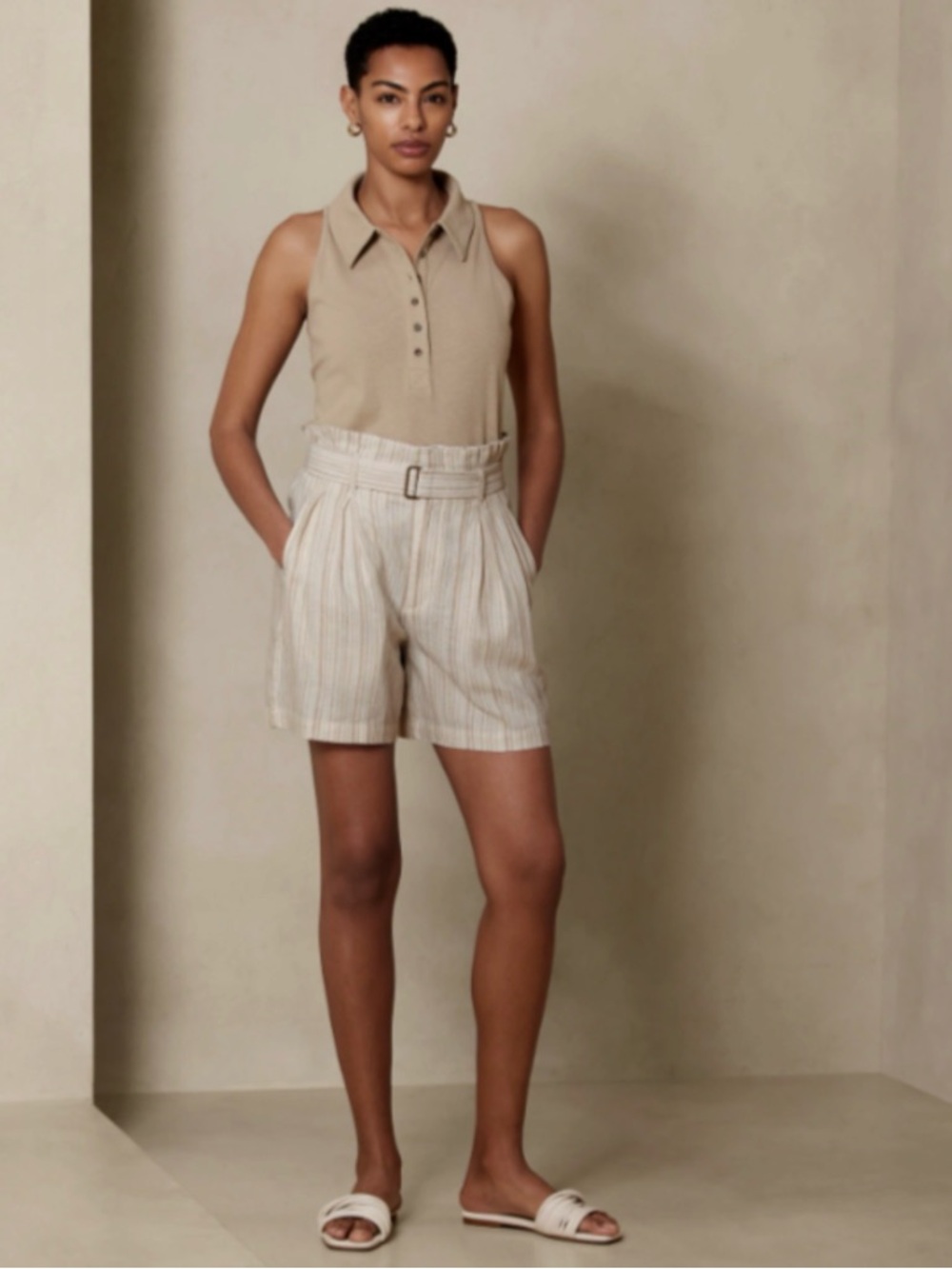 Banana Republic Cream-Striped High Waist Paperbag Shorts